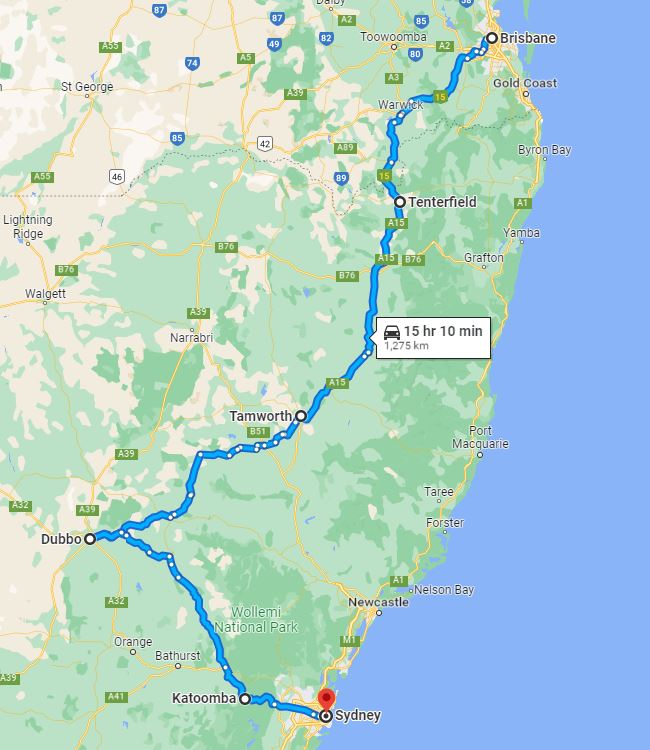 Map Brisbane to Sydney
